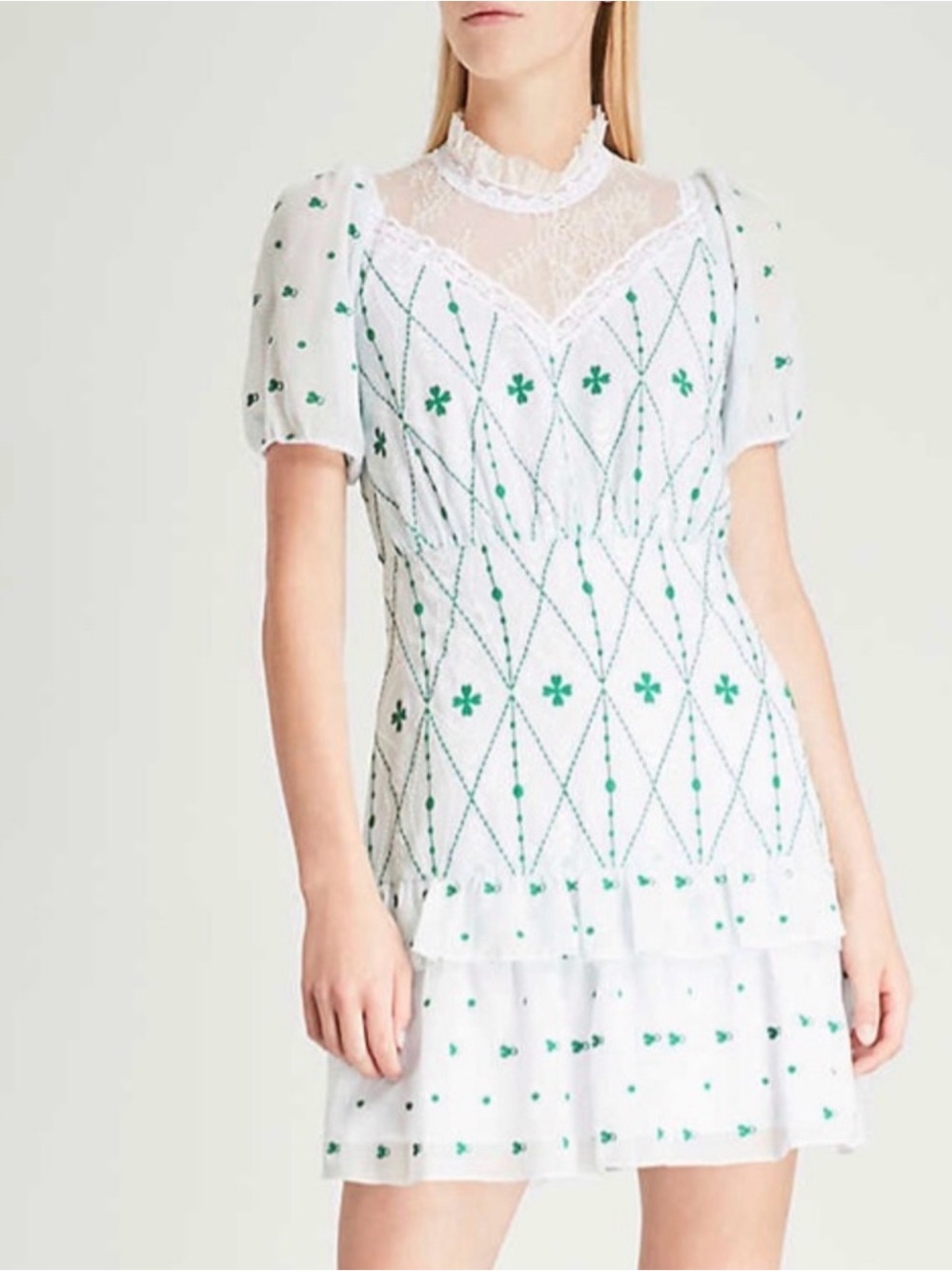 Sandro Paris White & Green Lace Yoke Puff Sleeve Dress